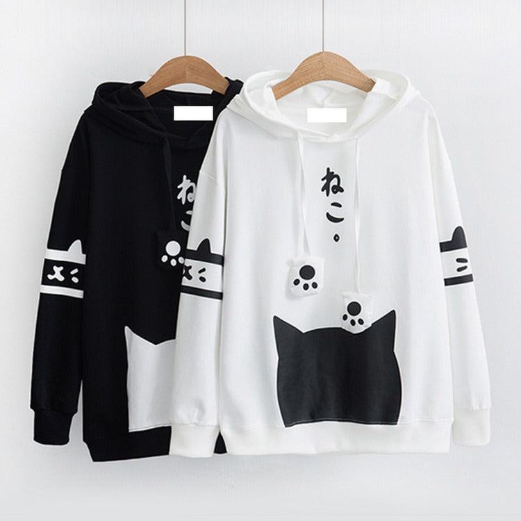 Purr-fectly Adorable: Harajuku Cat Ear Paw Drawstring Letter Hoodie - Embrace Your Inner Cuteness! ????