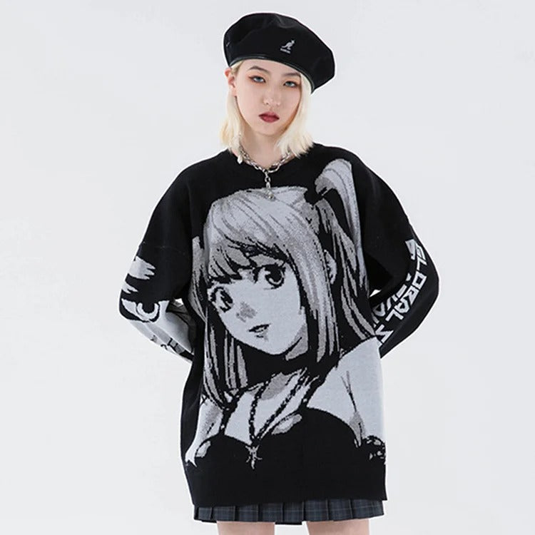 Chic Anime Girl Letter Print Knit Sweater - Casual Fashion