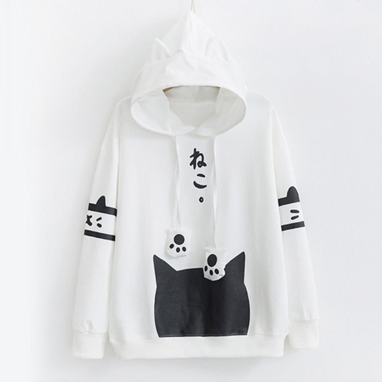 Purr-fectly Adorable: Harajuku Cat Ear Paw Drawstring Letter Hoodie - Embrace Your Inner Cuteness! ????