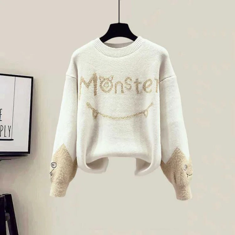 Monster Letter Knit Sweater Vest Coat Casual Pants Three Piece Set