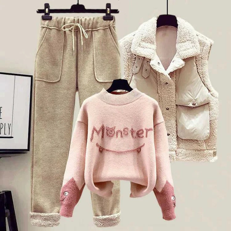 Monster Letter Knit Sweater Vest Coat Casual Pants Three Piece Set