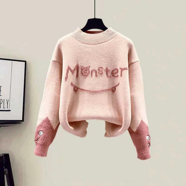 Monster Letter Knit Sweater Vest Coat Casual Pants Three Piece Set