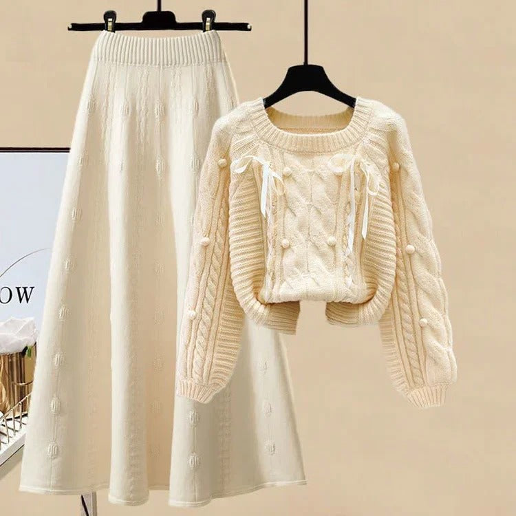 Sweet Bow Patterns Cable Knit Sweater & Midi Skirt Set
