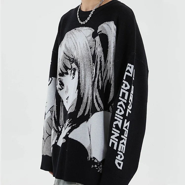 Chic Anime Girl Letter Print Knit Sweater - Casual Fashion