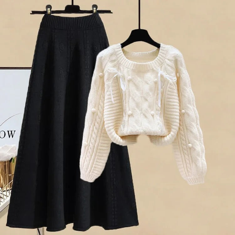 Sweet Bow Patterns Cable Knit Sweater & Midi Skirt Set