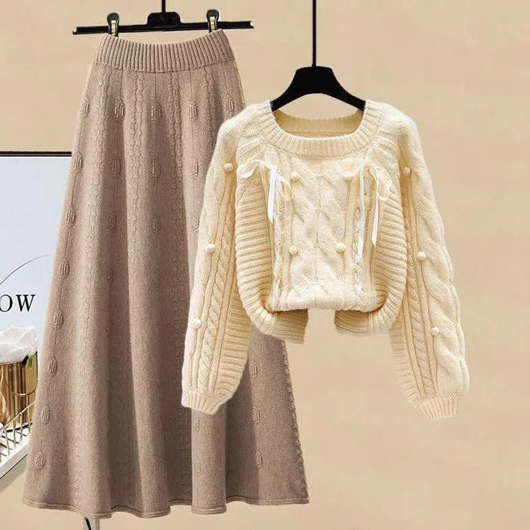 Sweet Bow Patterns Cable Knit Sweater & Midi Skirt Set