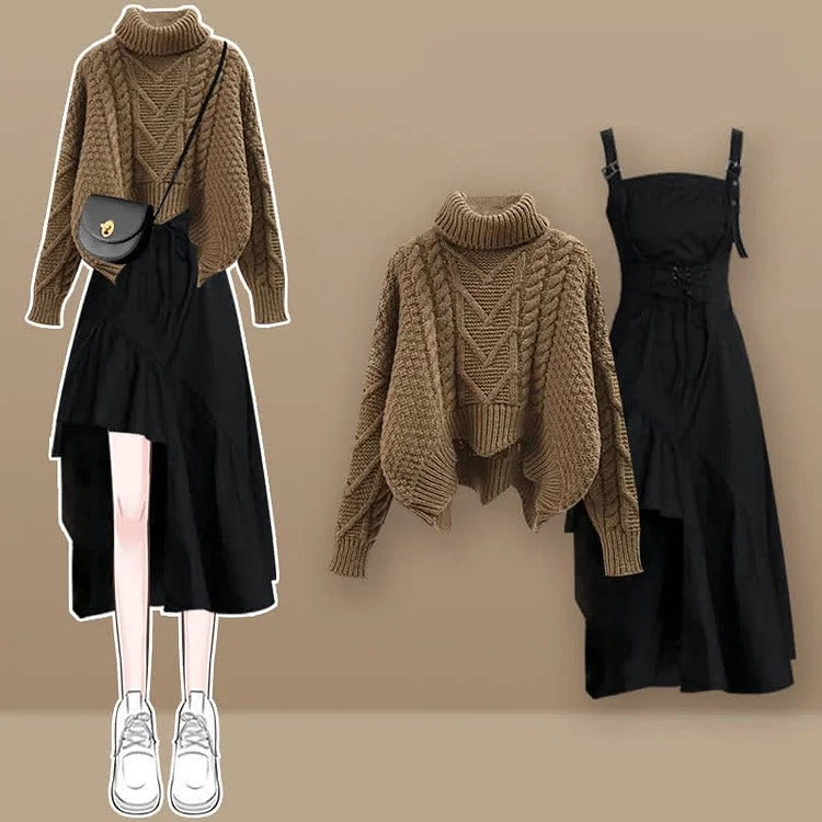 Chic Turtleneck Knit Sweater & Irregular Slip Dress Set