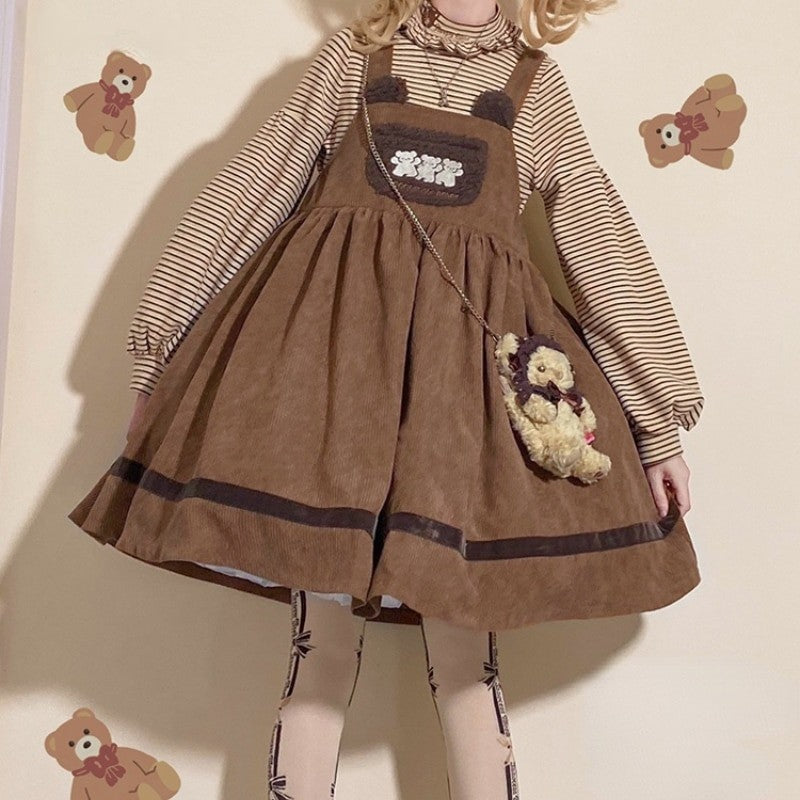 Cute Lolita Sweet Bear Shirt Strap Dress Two Piece Set