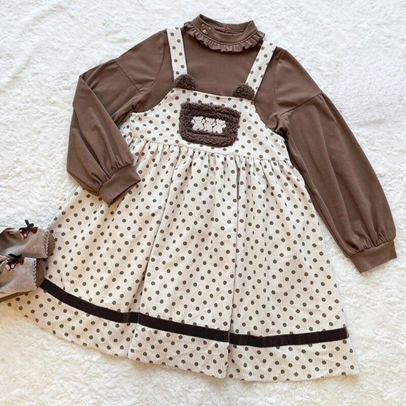 Cute Lolita Sweet Bear Shirt Strap Dress Two Piece Set