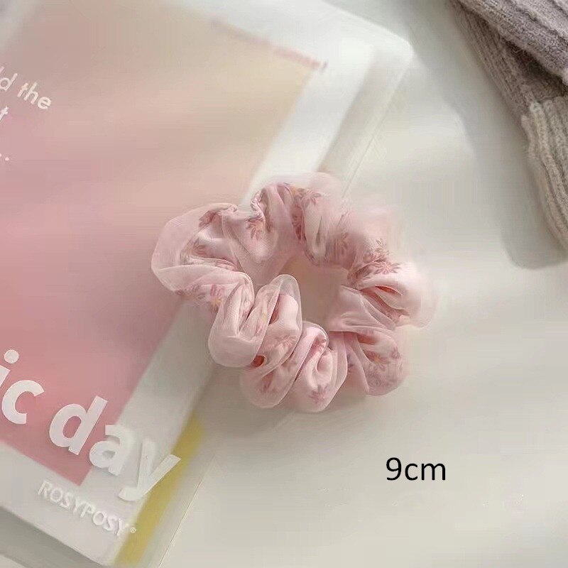 Fashion Flower Print Double Layer Silk Organza Hair Scrunchies