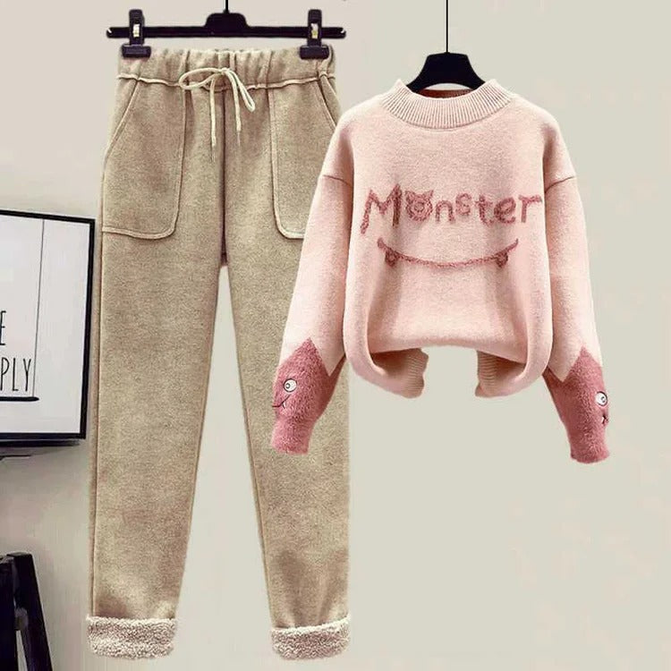 Monster Letter Knit Sweater Vest Coat Casual Pants Three Piece Set