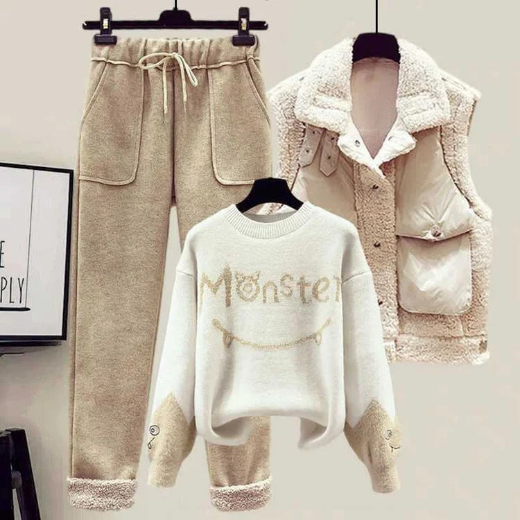 Monster Letter Knit Sweater Vest Coat Casual Pants Three Piece Set