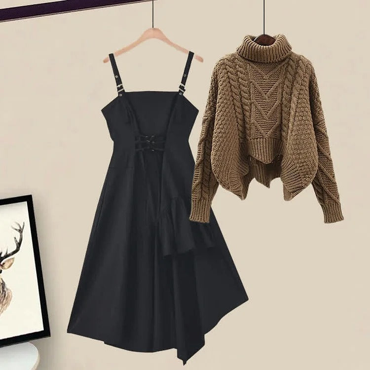 Chic Turtleneck Knit Sweater & Irregular Slip Dress Set