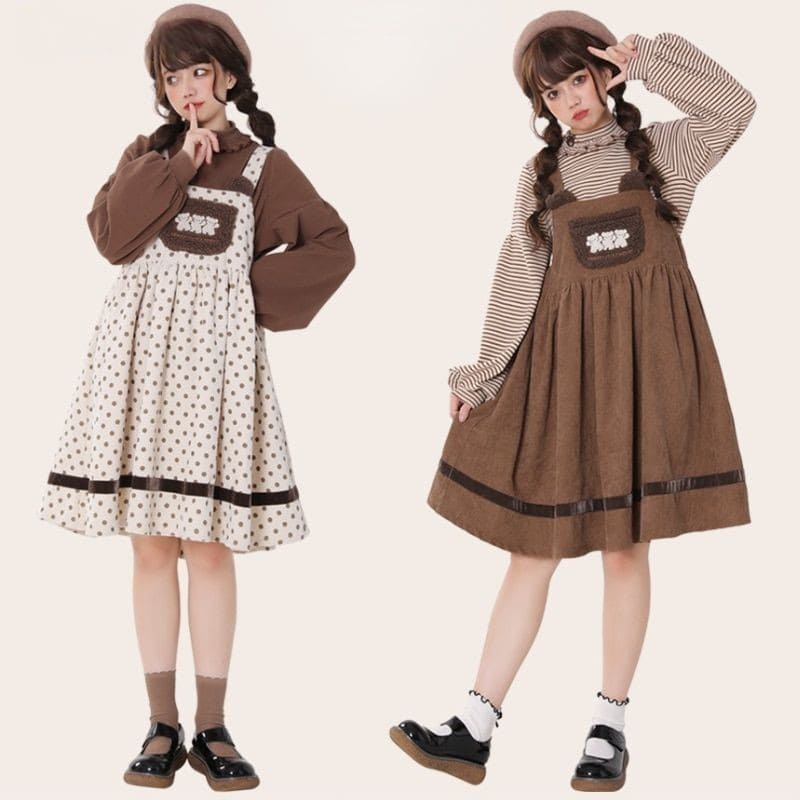 Cute Lolita Sweet Bear Shirt Strap Dress Two Piece Set