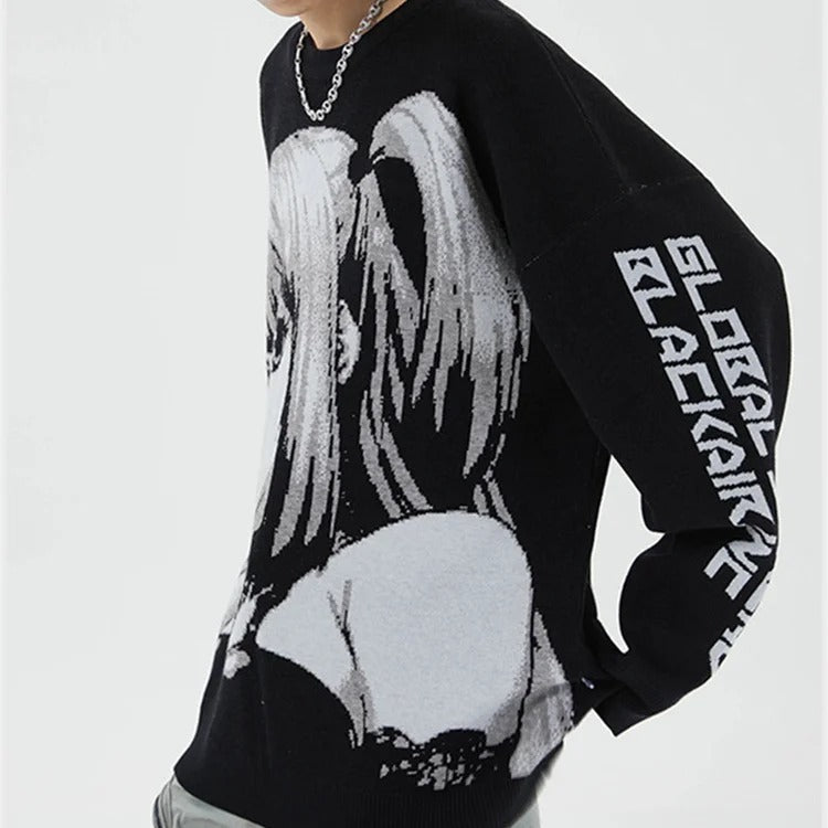 Chic Anime Girl Letter Print Knit Sweater - Casual Fashion