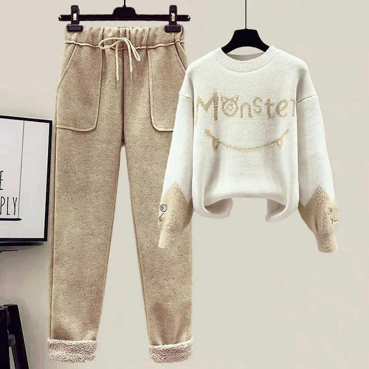 Monster Letter Knit Sweater Vest Coat Casual Pants Three Piece Set