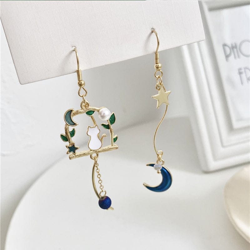 Blue Moon Swing Cat Earrings