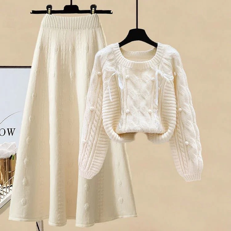 Sweet Bow Patterns Cable Knit Sweater & Midi Skirt Set