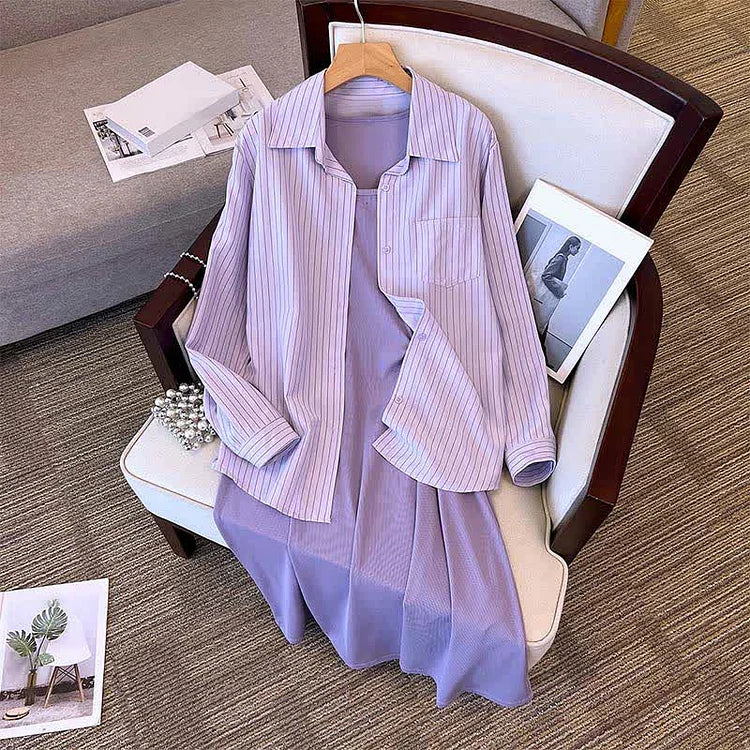 Vintage Plus Size Striped Pocket Lapel Shirt Dress