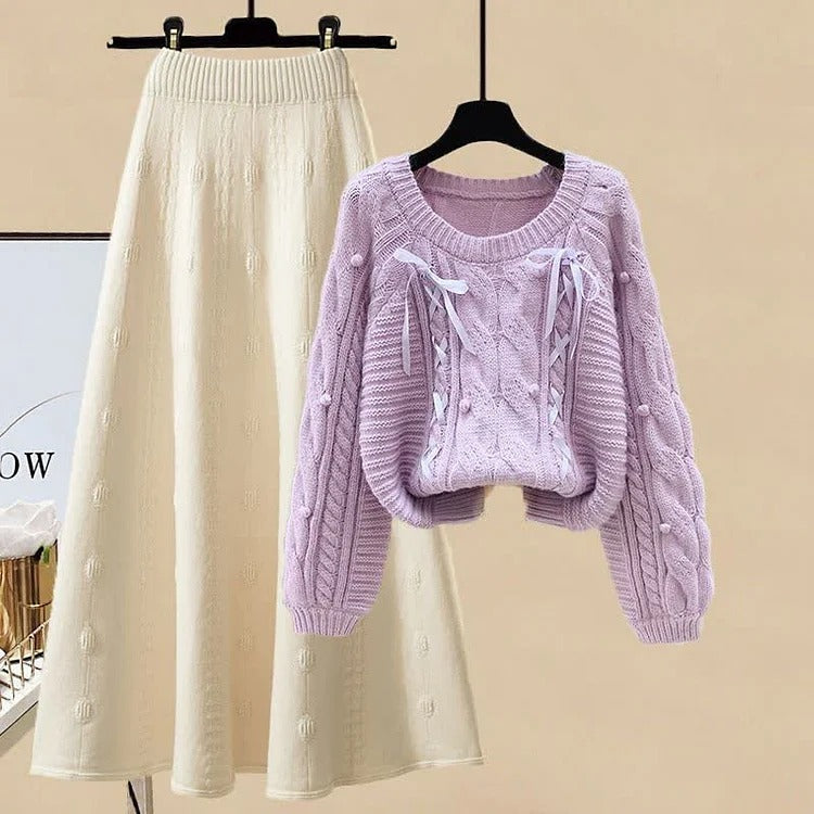 Sweet Bow Patterns Cable Knit Sweater & Midi Skirt Set