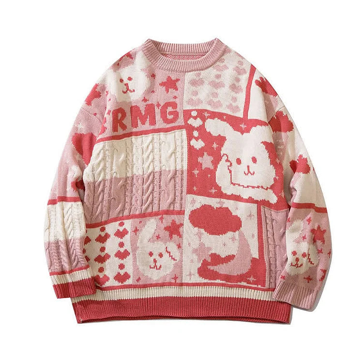 Adorable Bliss: Kawaii Cartoon Bunny Colorblock Sweater - Your Everyday Delight! ????