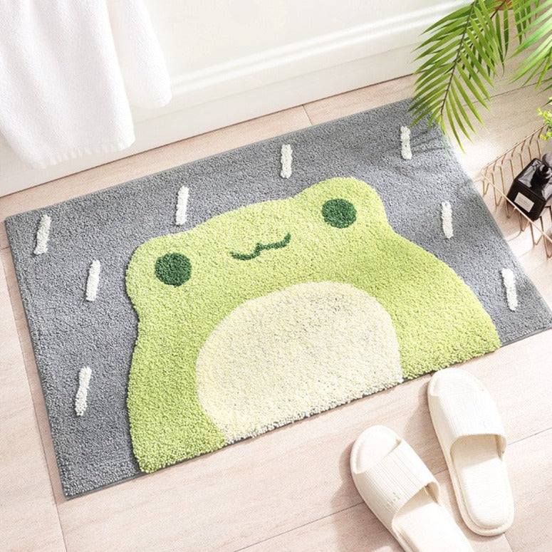 Frogtastic Comfort: Kawaii Green Smiling Frog Bathroom Mat