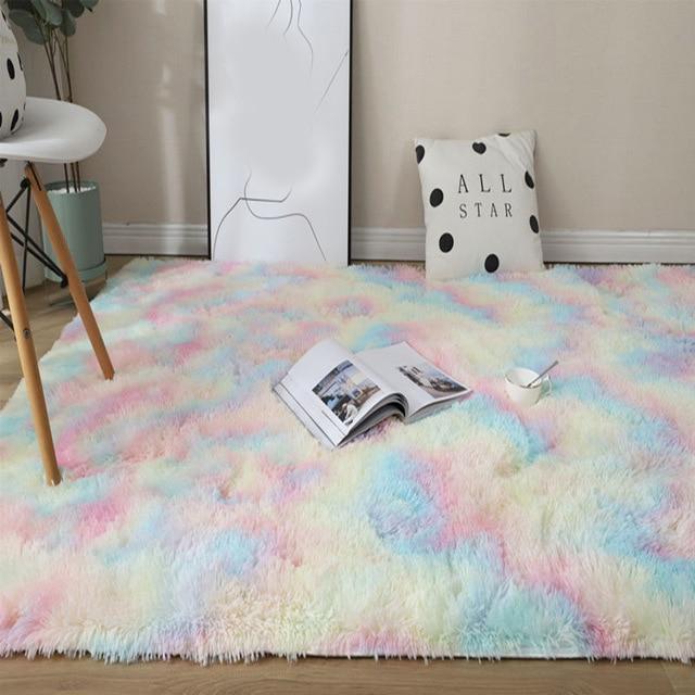 Vibrant Comfort: Kawaii Soft Faux Fur Rainbow Rug