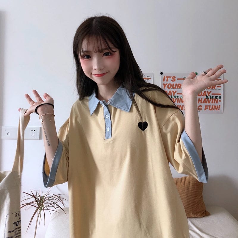 Original Kawaii Love Casual Loose Korean Polo T-shirt