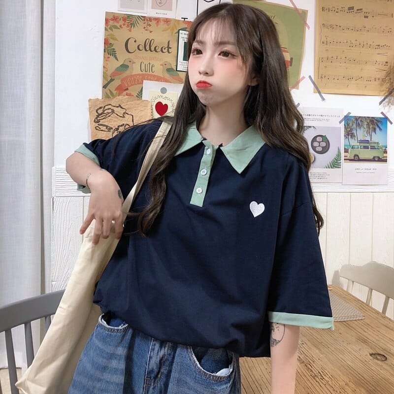 Original Kawaii Love Casual Loose Korean Polo T-shirt