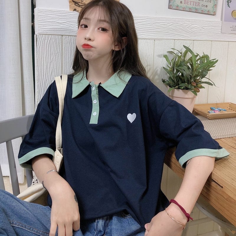 Original Kawaii Love Casual Loose Korean Polo T-shirt