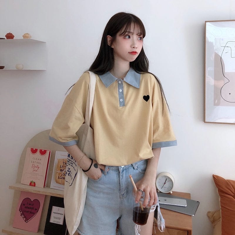 Original Kawaii Love Casual Loose Korean Polo T-shirt