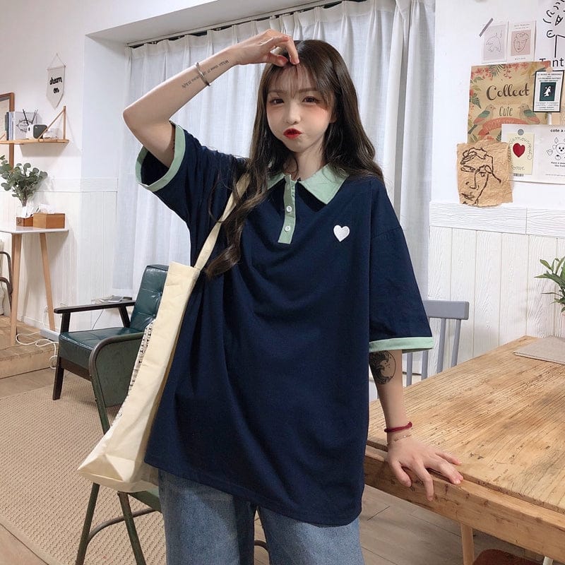 Original Kawaii Love Casual Loose Korean Polo T-shirt