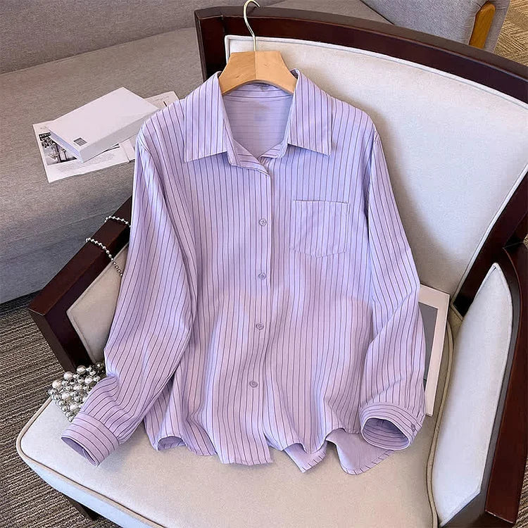 Vintage Plus Size Striped Pocket Lapel Shirt Dress