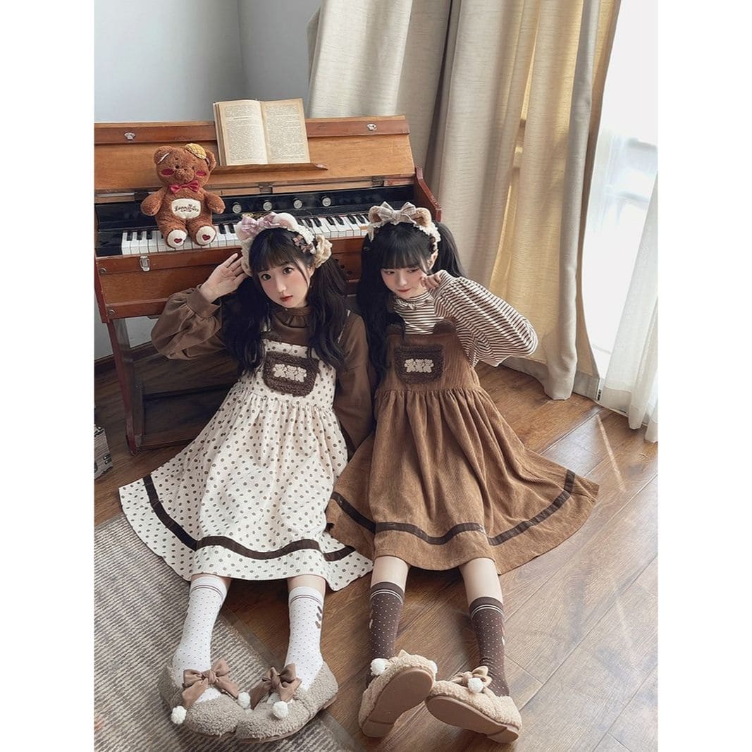 Cute Lolita Sweet Bear Shirt Strap Dress Two Piece Set