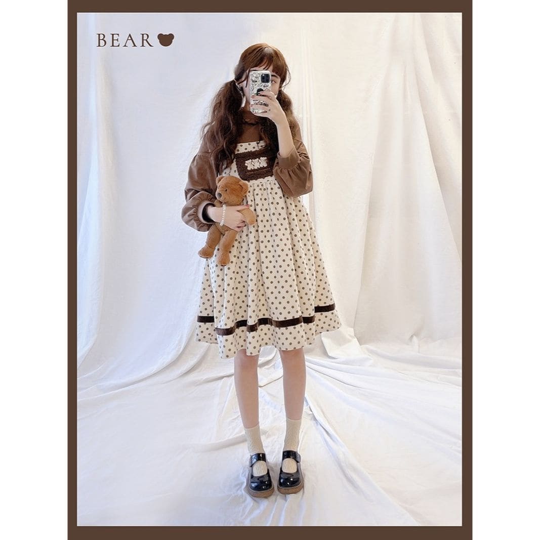 Cute Lolita Sweet Bear Shirt Strap Dress Two Piece Set