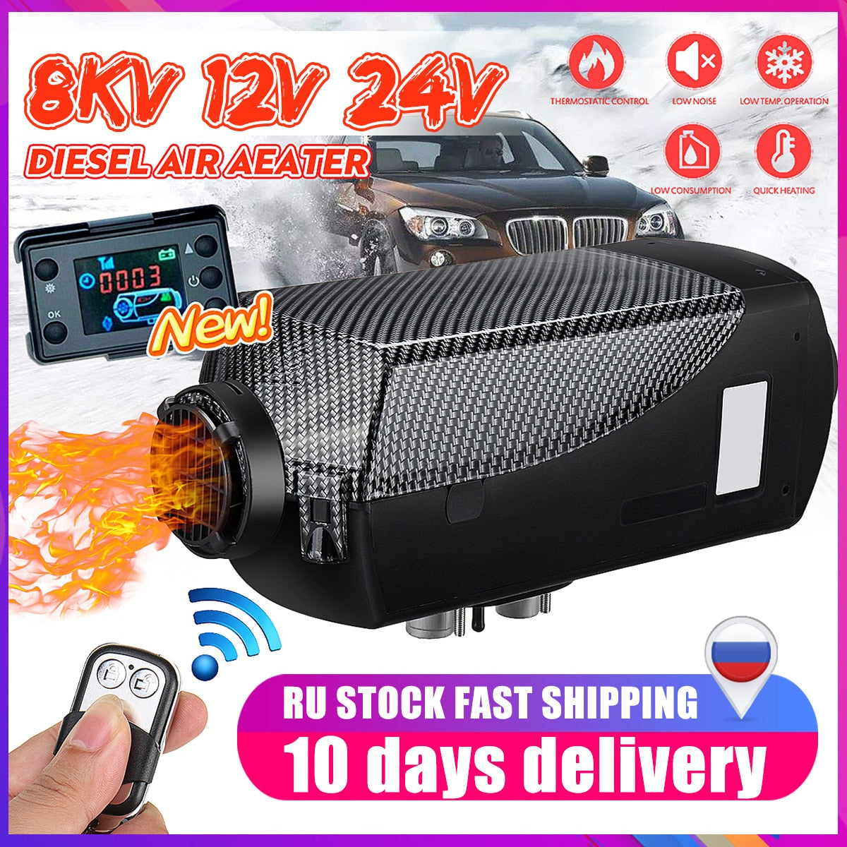 Car Heater 8KW 12V 24V Air Diesel Heater 2 Air Outlet LCD Monitor + 15L Tank Remote Control for RV Boats Trailer Truck Motorhome