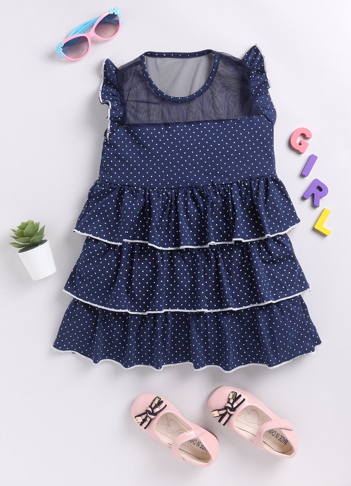 Mimino Indi Baby Girls Midi/Knee Length Casual Dress (Blue, Short Sleeve)