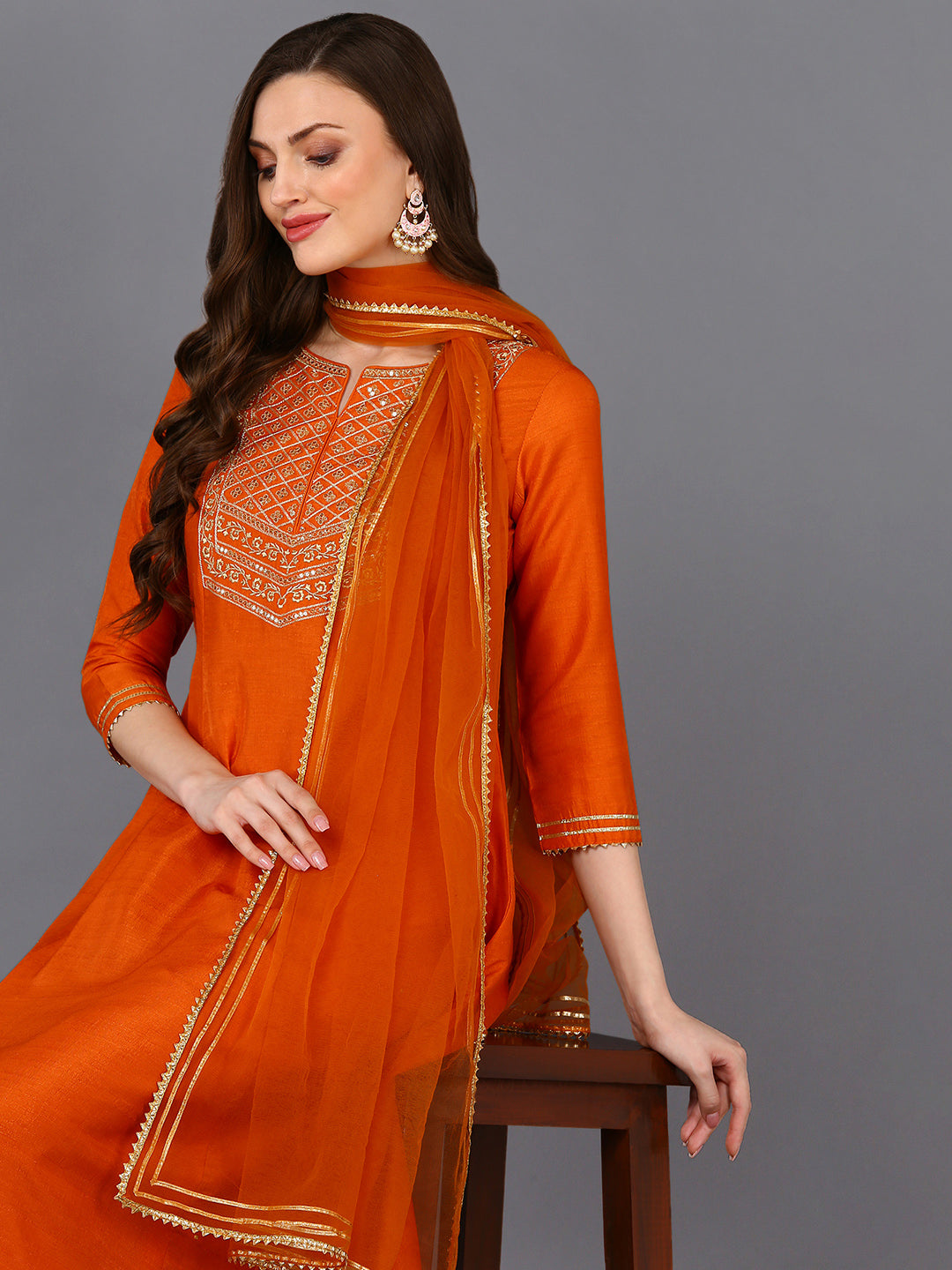 Silk Blend Orange Flared Kurta Pant With