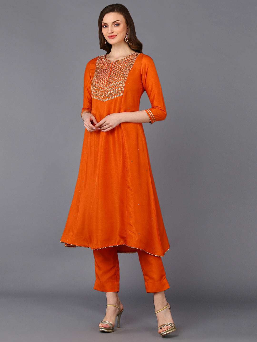 Silk Blend Orange Flared Kurta Pant With