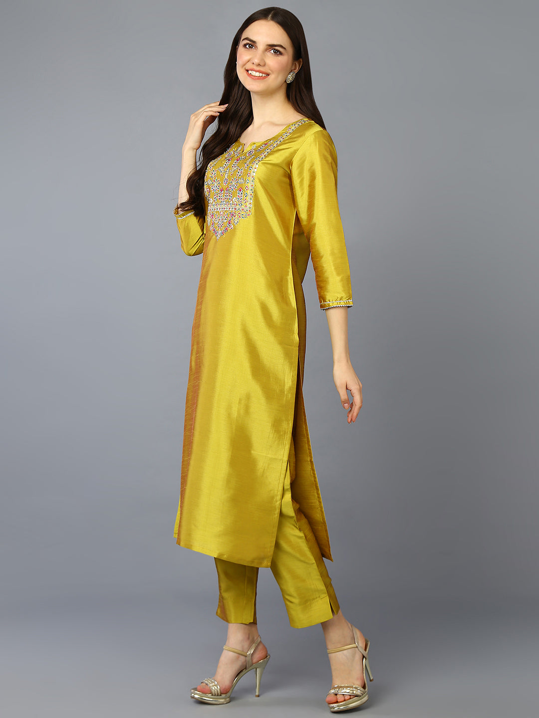 Silk Blend Yellow Printed Straight Kurta Pant