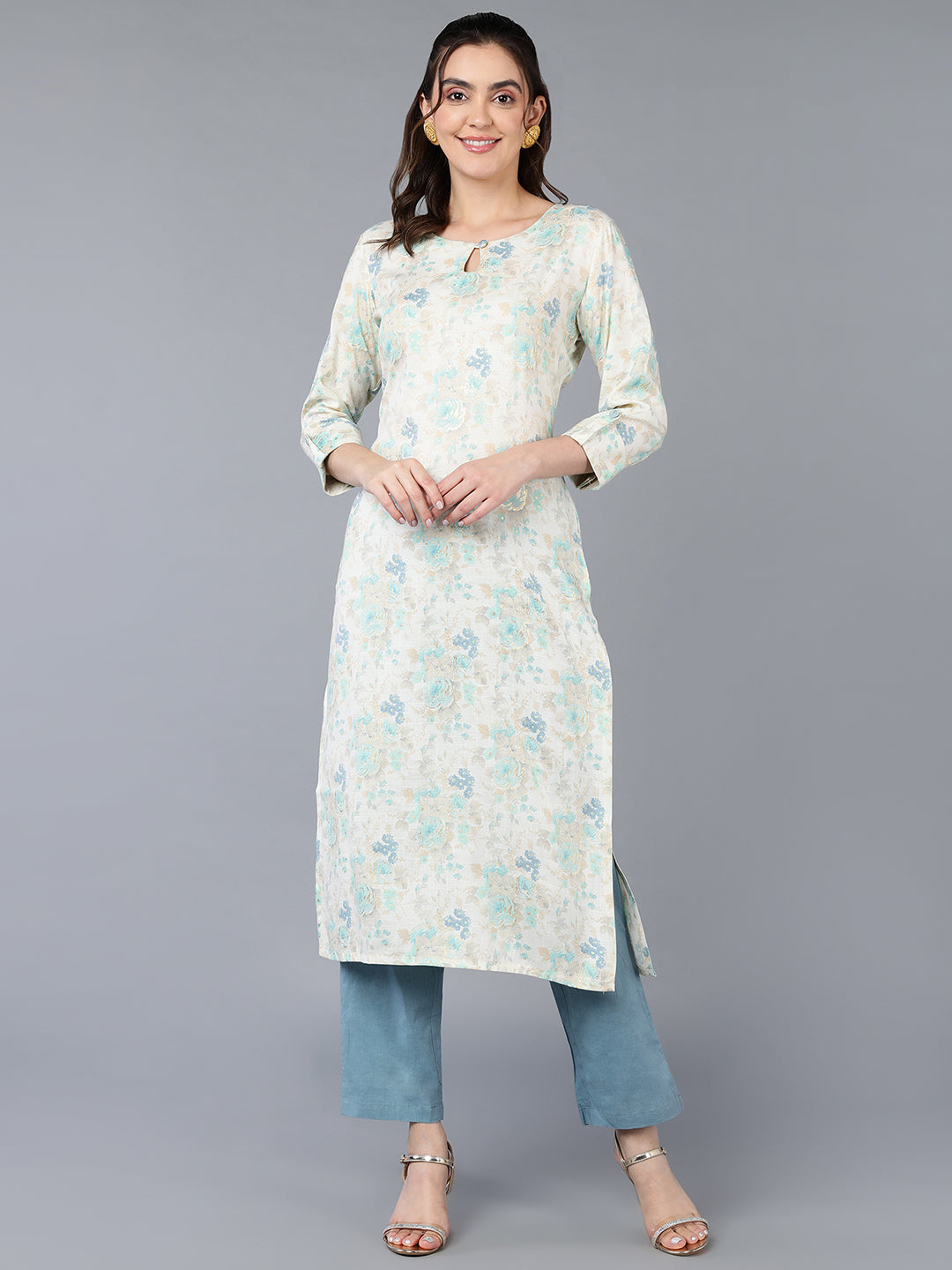 Cotton Blend Off White Floral Kurta