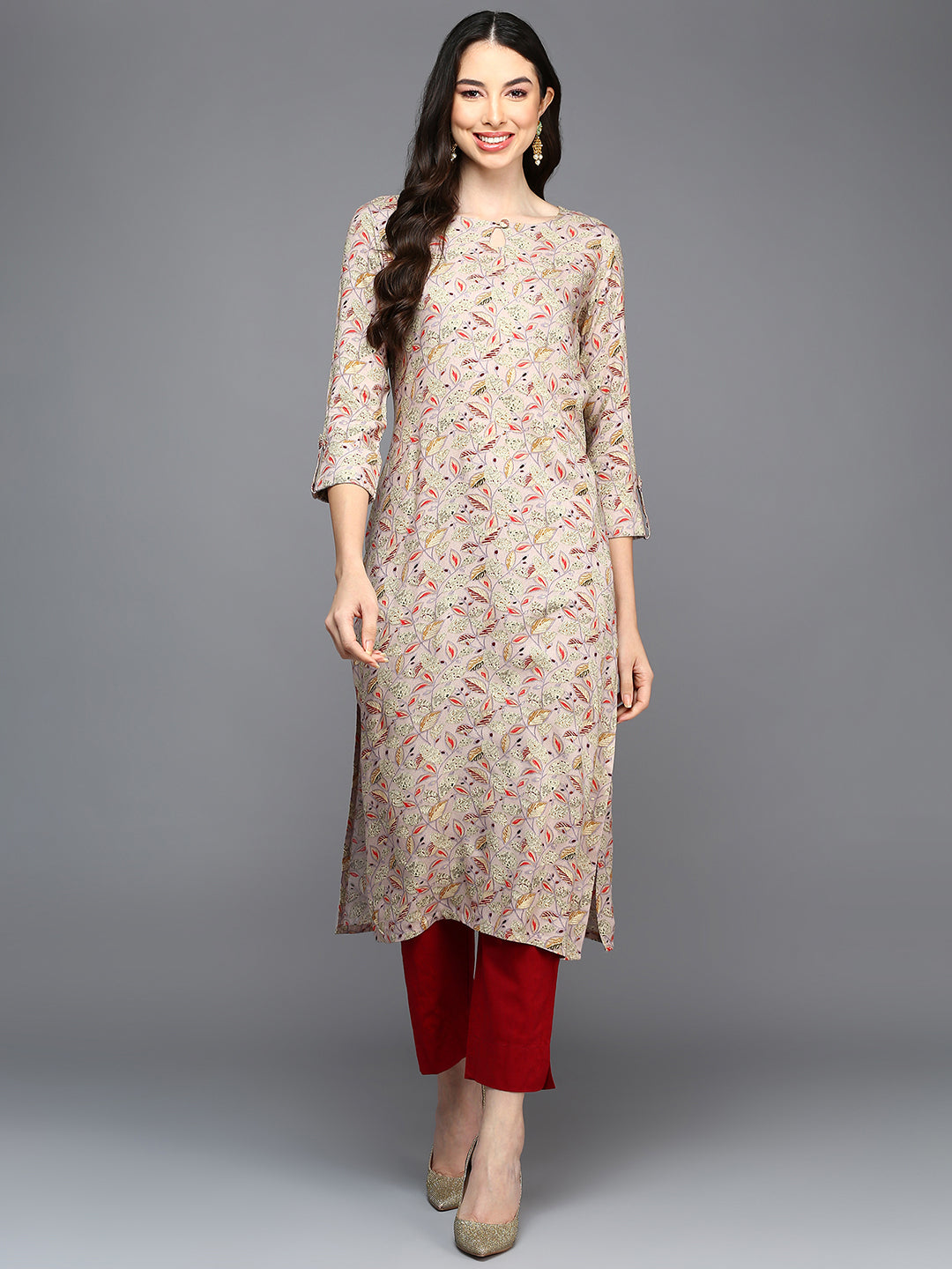 Viscose Rayon Beige Printed Straight Kurta