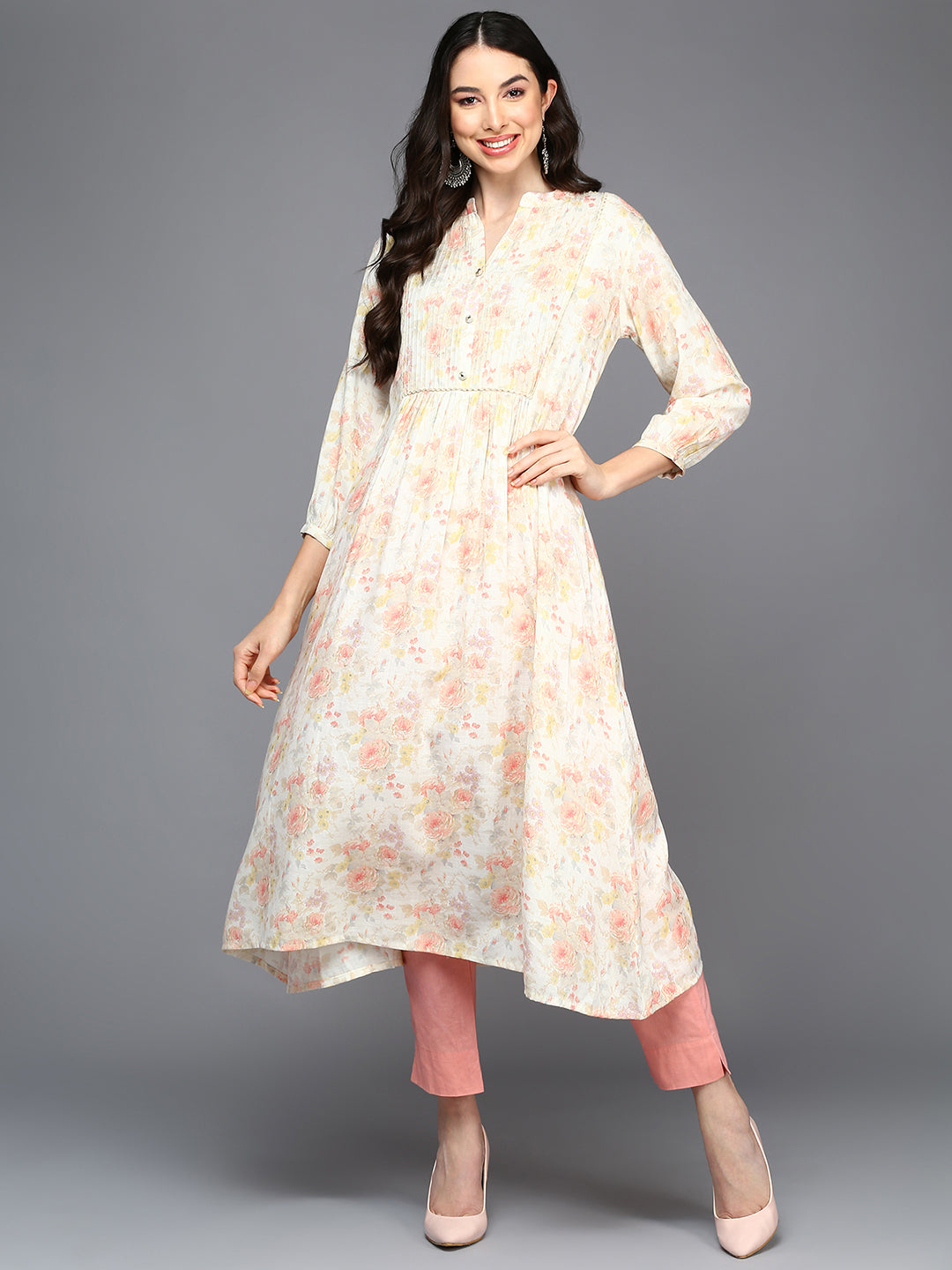 Cotton Blend Off White Floral Printed Flared Kurta