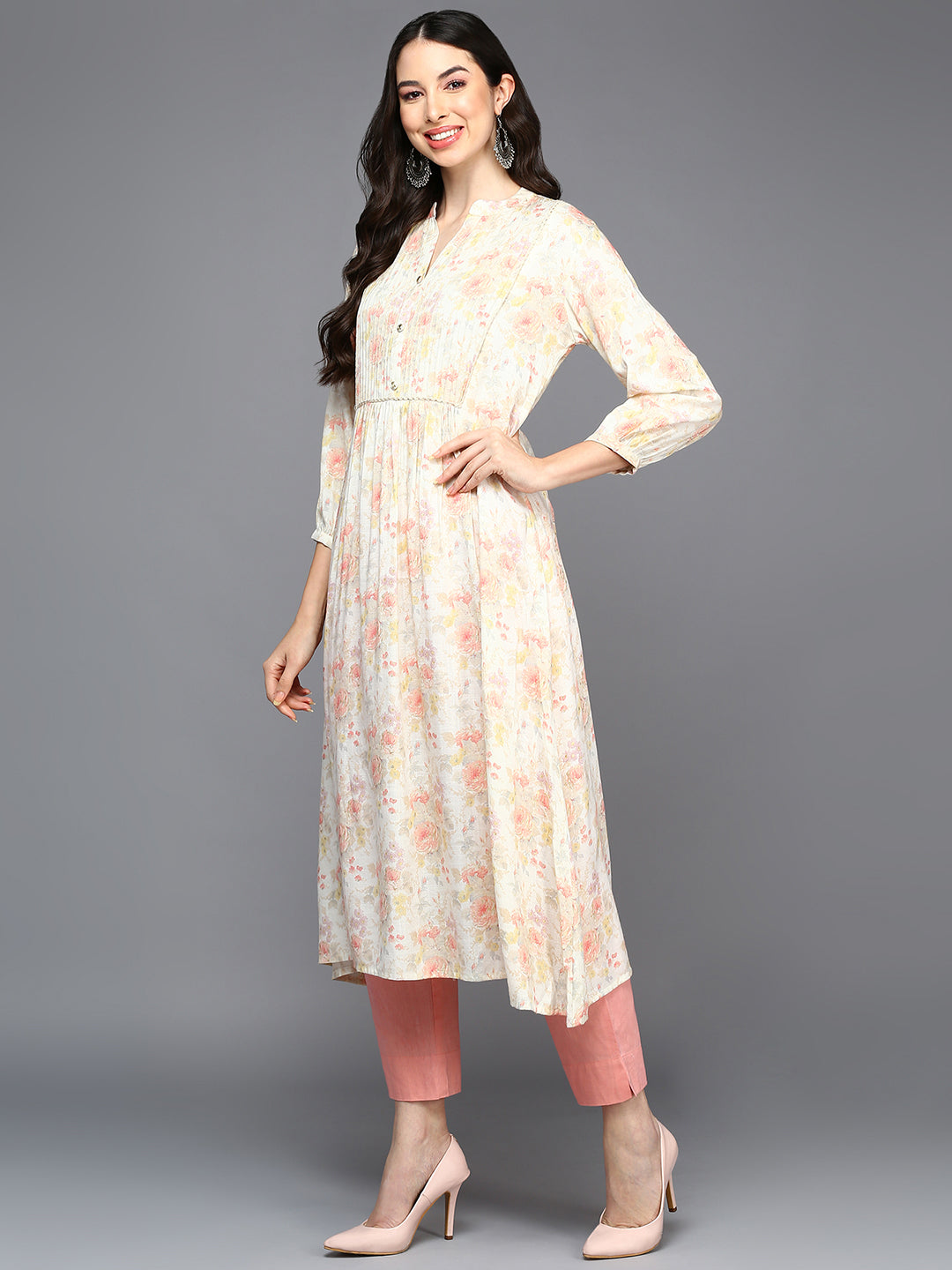 Cotton Blend Off White Floral Printed Flared Kurta