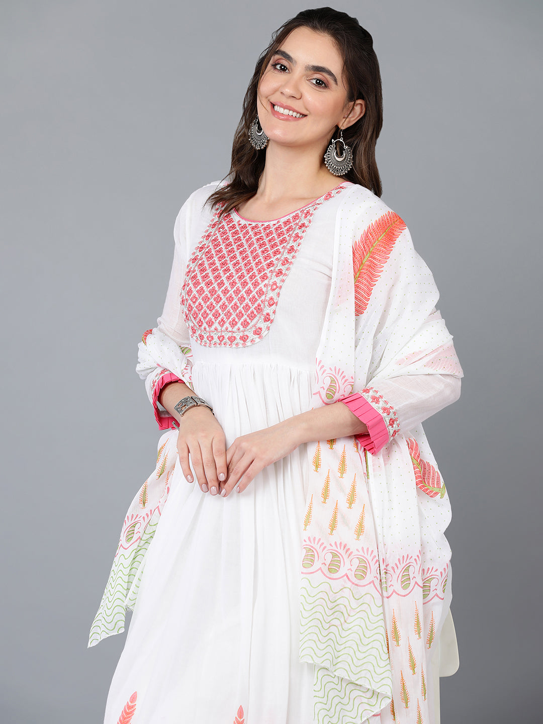 Cotton Blend White Printed Flared Kurta With