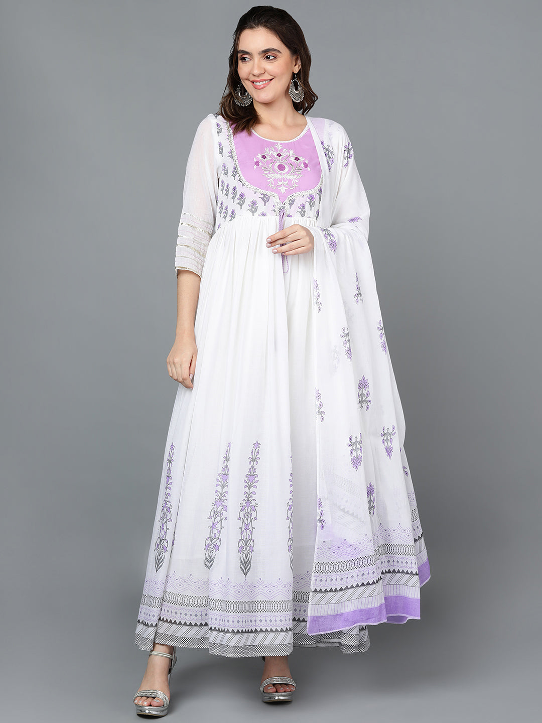 Cotton Blend White Embroidered Flared Kurta With