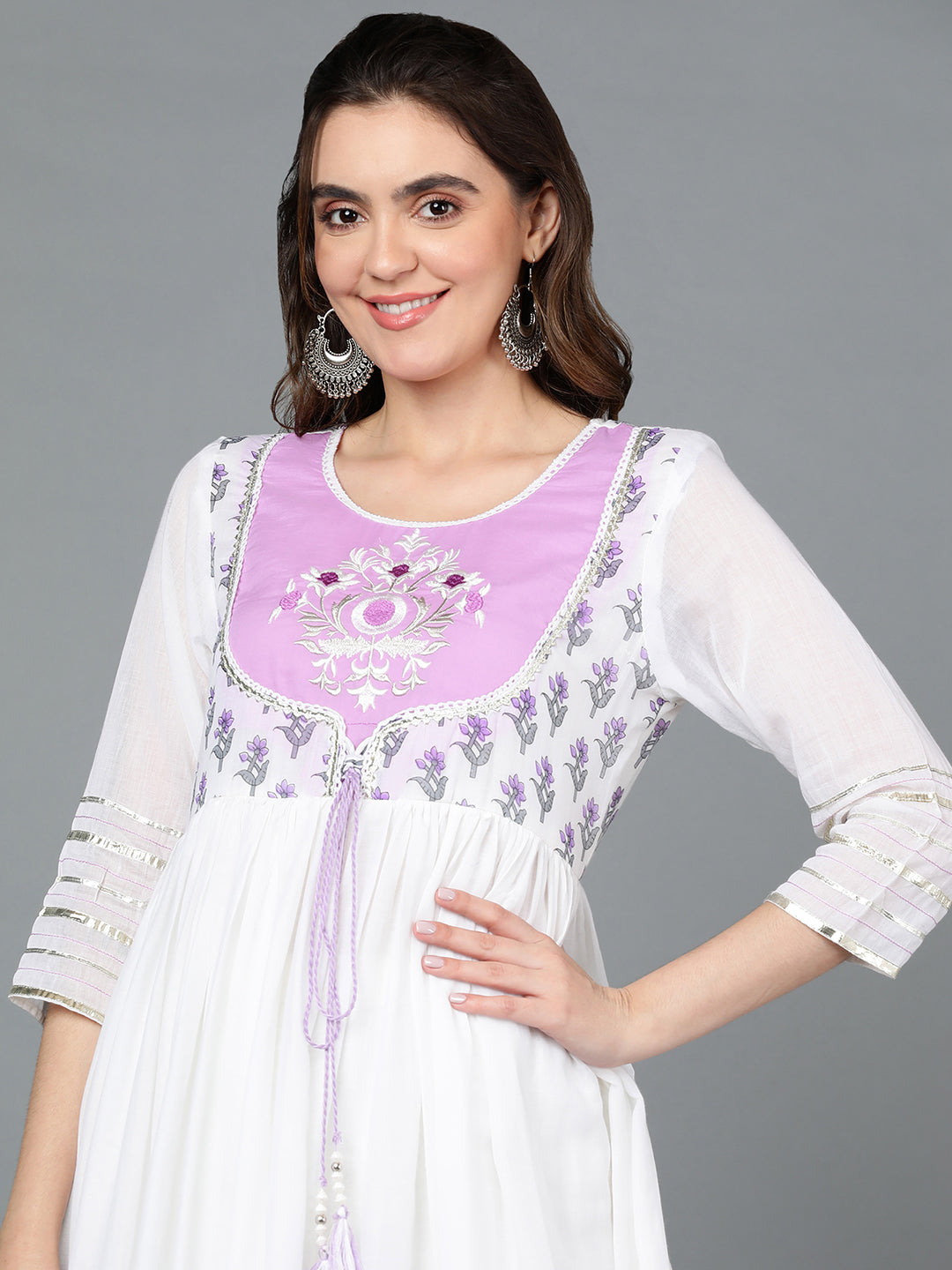 Cotton Blend White Embroidered Flared Kurta With