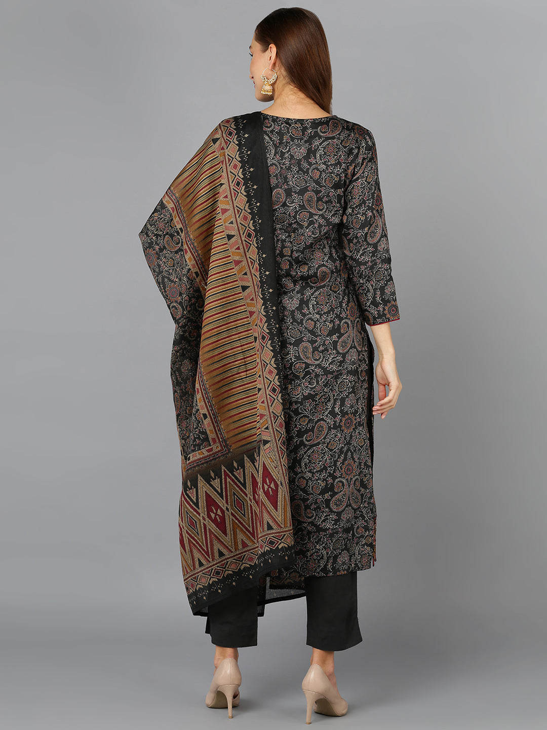 Black Cotton Straight Kurta Pant With Dupatta