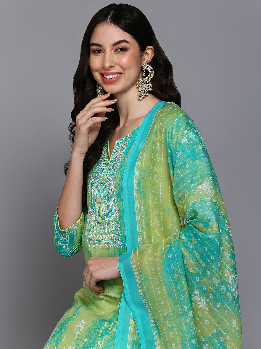 Cotton Green Printed Straight Kurta Pant With