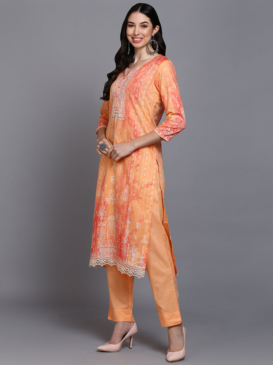 Cotton Orange Printed Straight Kurta Pant With
